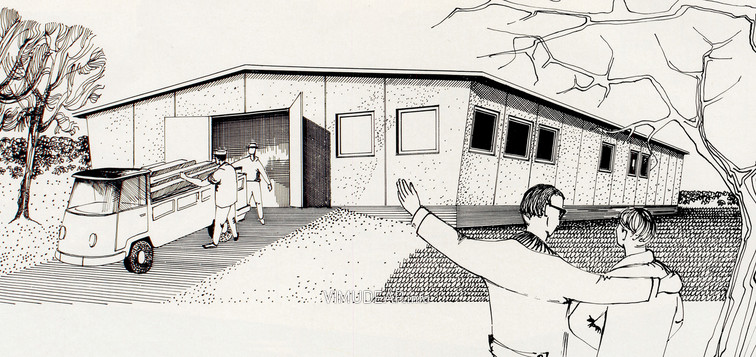 Seite aus dem ersten KRÖLBAU-Prospekt aus dem Jahr 1966: »Lagerhallen jeder Größenordnung für jede Branche. Unser Angebot: Jederzeit erweiterungsfähig!« Satz und Druck der Broschüre erfolgten in der Betriebsberufsschule Heinz Kapelle, Pößneck. Bild 9731