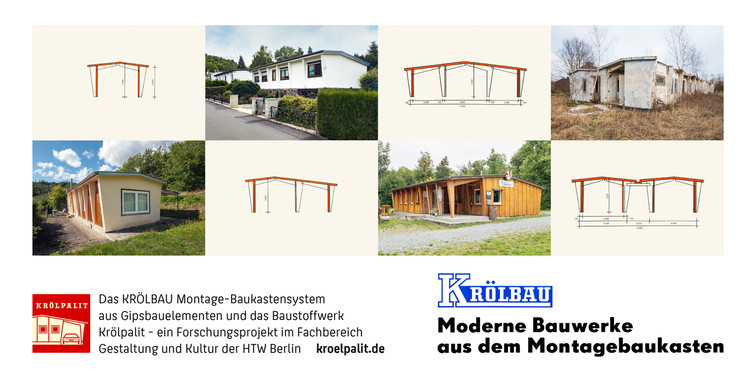 DIN lang Flyer Oktober 2025 Variante B, Vorderseite: Die 4 Grundvarianten des KRÖLBAU-Systems. Aktuelle Aufnahmen von Krölpalit Bauten und Elemente aus Werbematerial der »Krölpalit-Baustoffwerk Kuno E. Fröhlich KG« (1970). © 2025 Thomas Kemnitz Bild 9737