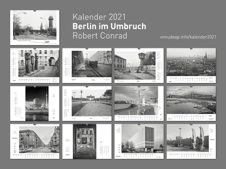 »Berlin im Umbruch« Kalender mit Berlin-Fotos von Robert Conrad aus der Wendezeit mit einem Geleitwort von Wolfgang Thierse. Die melancholischen Schwarz-Weiß-Bilder zeigen markante, inzwischen historisch gewordene Motive vom sich wandelnden Ost-Berlin. Bild 9029