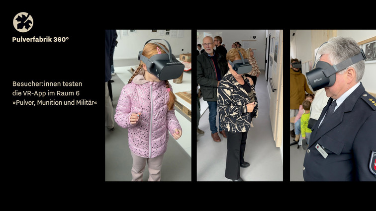 Besucher:innen - unter ihnen auch der Leiter der Polizeiinspektion Nienburg/Schaumburg, Kriminaldirektor Stefan Schara - testen die VR-App im Raum 6 »Pulver, Munition und Militär«. Screenshot aus der Kurzdokumentation der Eröffnung der Gedenk- und Bildungsstätte Liebenau am 4. November 2023. Sie ist Bestandteil der <a target="_blank" href="https://vimeo.com/tk360/vr-simulation-liebenau">Videosimulation zur VR-App »Pulverfabrik 360°«</a>. © Thomas Kemnitz. <span class="lightbox-bottom-description-additional"> Bildnummer: 9463, geladen am: 13.12.2023.</span> Bild 9463