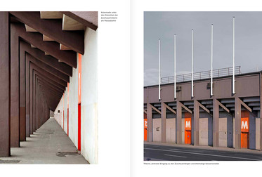 Kapitel: 10, S. 68/69: Automobil-Verkehrs- und Übungsstraße (AVUS) in Berlin-Charlottenburg und -Zehlendorf, Kolonnade unter den Sitzreihen der Zuschauertribüne am Messedamm, Tribüne mit zentralem Eingang zu den Zuschauerrängen und ehemalige Kassenschalter Bild 8870