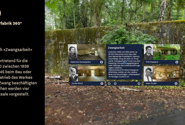 Bereichsmenü »Zwangsarbeit«. Stellvertretend für die 20.000 zwischen 1939 und 1945 beim Bau oder dem Betrieb des Werkes unter Zwang beschäftigten Menschen werden vier Schicksale vorgestellt. Screenshot aus der <a target="_blank" href="https://vimeo.com/tk360/vr-simulation-liebenau">Videosimulation zur VR-App »Pulverfabrik 360°«</a>. <span class="lightbox-bottom-description-additional"> Bildnummer: 9459, geladen am: 13.12.2023.</span> Bild 9459