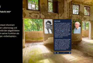 Beispiel für die Vorstellung einer Person im Bereich »Zwangsarbeit«. Ein Kurztext informiert über den Lebensweg und beschreibt den abgebildeten Raum in seiner Funktion als einstigen »Arbeitsplatz«. Screenshot aus der <a target="_blank" href="https://vimeo.com/tk360/vr-simulation-liebenau">Videosimulation zur VR-App »Pulverfabrik 360°«</a>. <span class="lightbox-bottom-description-additional"> Bildnummer: 9460, geladen am: 13.12.2023.</span> Bild 9460