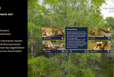 Bereichsmenü »Nitrocellulose«. In allen Panoramen werden die Produktionsprozesse im Kontext des abgebildeten Raumes kurz beschrieben. Screenshot aus der <a target="_blank" href="https://vimeo.com/tk360/vr-simulation-liebenau">Videosimulation zur VR-App »Pulverfabrik 360°«</a>. <span class="lightbox-bottom-description-additional"> Bildnummer: 9461, geladen am: 13.12.2023.</span> Bild 9461